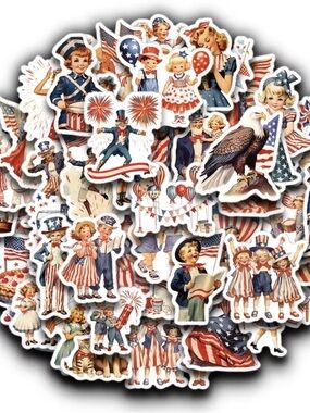 50 Patriotic Vintage Stickers America Celebrate USA Kids Parade Flag July 4